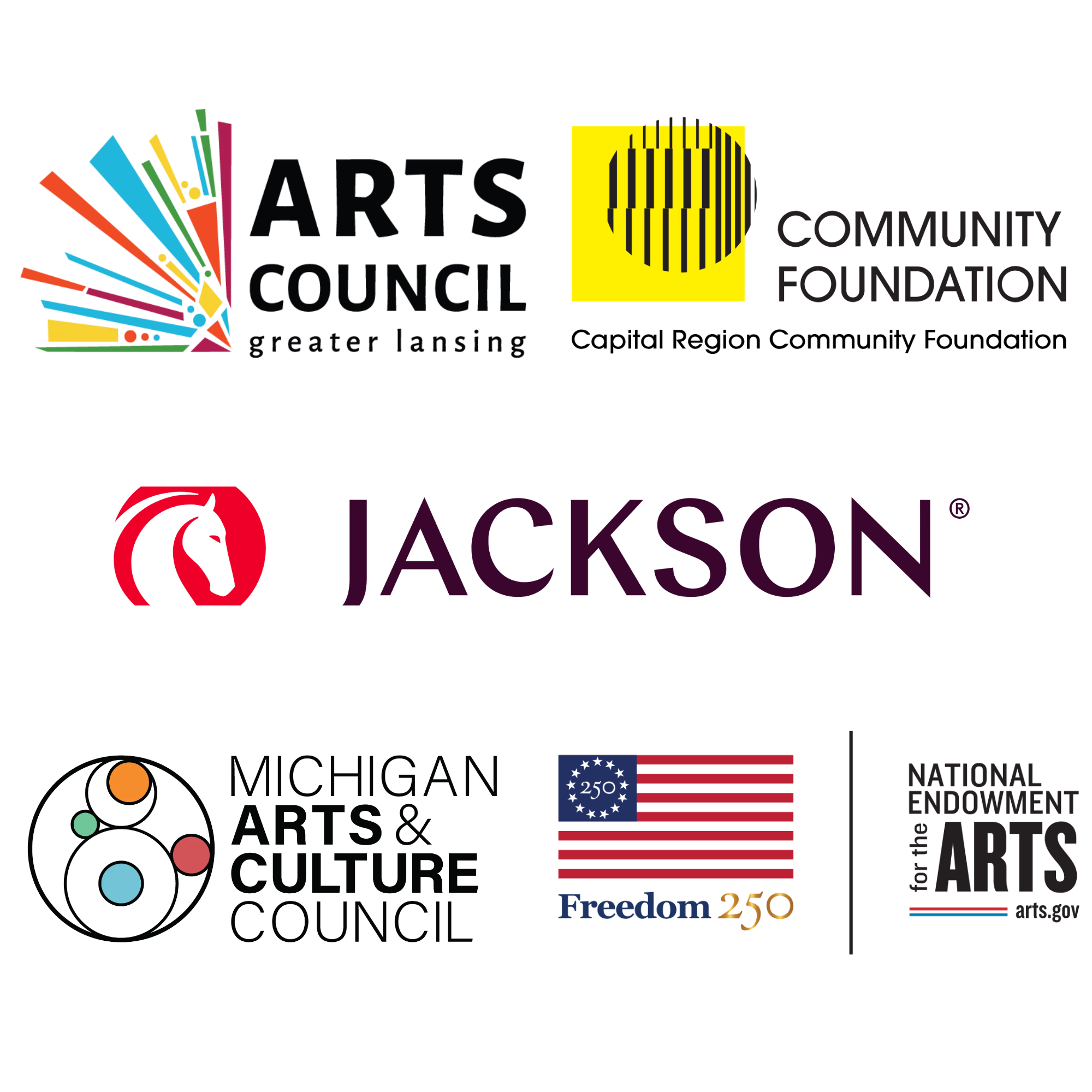 Logos of the Arts Council of Greater Lansing, Capital Region Community Foundation, Jackson, Michigan Arts and Culture Council, National Endowment for the Arts